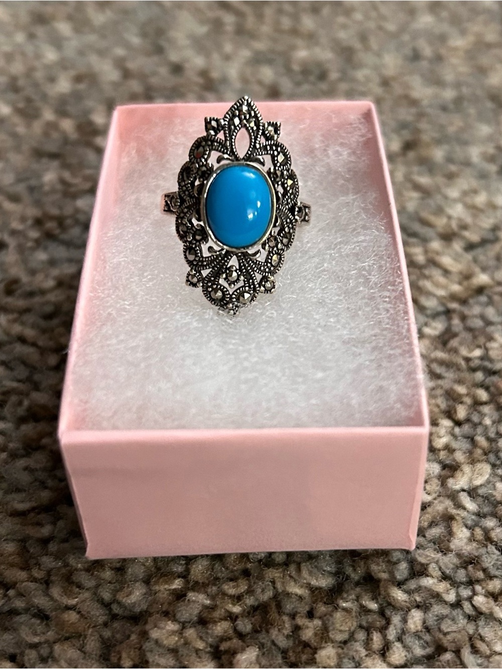 Sterling Silver Vintage-Style Turquoise Marcasite Filigree Ring